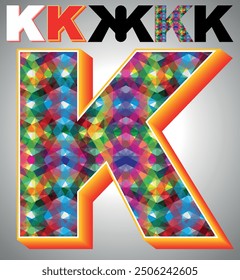 Letter K on triangular pattern mosaic royalty vector, Colorful triangles form K mosaic design, This graphic design is set against K white triangular background, Polygonal 3D Alphabet K, A to Z Letter.