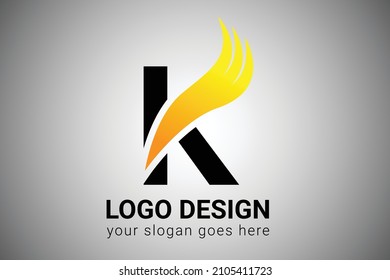 Letter K with Orange gradient color Elegant Minimalist Wing Design. Creative K letter Swoosh Icon Vector Illustration.