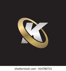 Letter K orbiting swoosh business logo gold silver black background