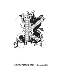 Letter K Ornate Black and White