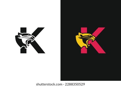 Letter K with panther head illustration in flat design monogram symbol. K panther head icon logo vector.