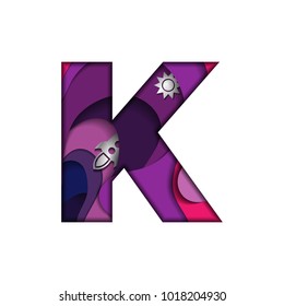 Letter K in paper cut style. Realistic cosmic papercut design of alphabet symbol on white background. Colorful multi layers 3D effect. Font element for festive or greeting card. Vector illustration.