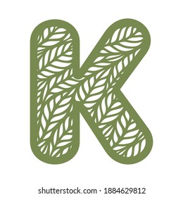 Letter K with a pattern of leaves. Green object on a white background. Plants theme. Openwork botanical logo, sign, icon for natural, eco products. Summer or spring alphabet, font. Vector illustration