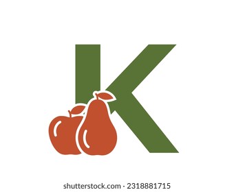 letter k with pear and apple. creative fruit alphabet logotype. gardening and harvest design. isolated vector image