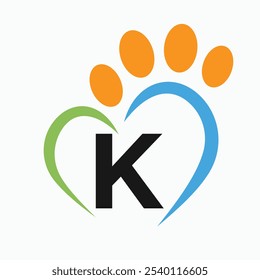 Letter K Pet Logo Design Concept With Paw and Heart Symbol Vector