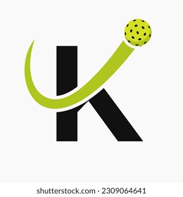 Letter K Pickleball Logo Concept With Moving Pickleball Symbol. Pickle Ball Logotype