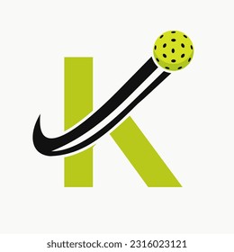 Letter K Pickleball Logo Concept With Moving Pickle Ball Symbol. Pickle Ball Logotype