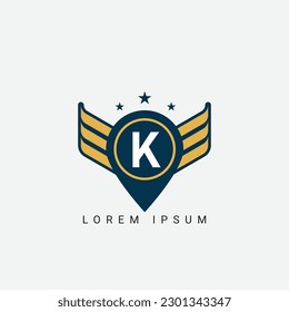 Letter K Pin and wings initial shield with wings logo design