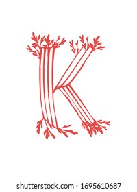 Letter K pink colored seaweeds underwater ocean plant sea coral elements flat vector illustration on white background