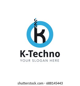 Letter K Pixel Logo Design Template With Blue Circle Isolated on White Background. Vector Illustration