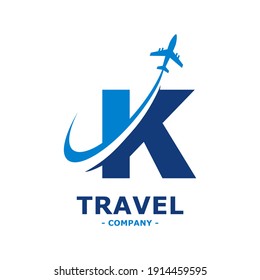 Letter K With Plane And Airline Logo Vector Template. Suitable For Travel Label, Tourism, Journey Posters, Flight Company Advertising, Airways Identity, And Tech Transportation