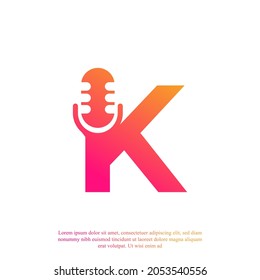 Letter K Podcast Record Logo. Alphabet with Microphone Icon Vector Illustration