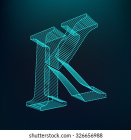 The letter K. Polygonal letter. Low poly model. The three-dimensional mesh. Volume mesh character
