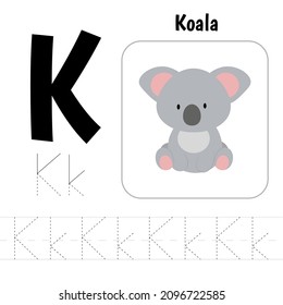 Letter K prescription. A practical sheet  for the development and education of kids. How to write letter from alphabet Vector illustration.