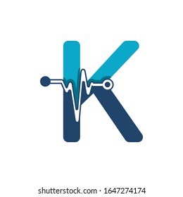 Buchstabe K mit Symbolvorlage für Vektorillustration mit Puls-Logo