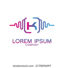 letter K with Pulse music player element. Logo template electronic music, equalizer, store, dj, nightclub, disco. Audio wave logo concept, Multimedia Technology themed, Abstract Shape vector