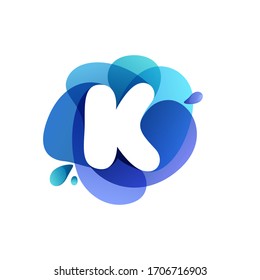 Letter K pure water logo. Swirling overlapping shape with splashing drops. Vector icon perfect for eco identity, marine posters and cleaning labels, etc.