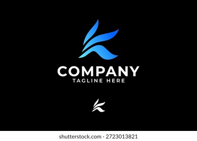 Letra K com design de logotipo abstrato de coelho para empresa de tecnologia. Formato de espiral com letra K logotipo minimalista para identidade empresarial digital. Forma de onda fluida com design de logotipo de forma de letra K para empresa