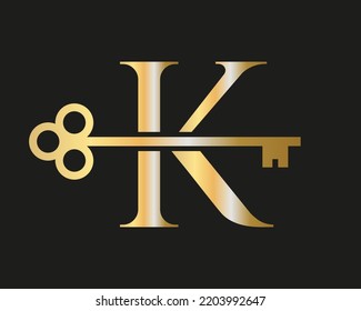 Letter K Real Estate Logo Concept With Home Lock Key Vector Template. Luxury Home Logo Key Sign