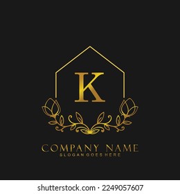 letter K Real estate logo concept. Feminine style Handwritten alphabet with floral in the logo template. Letters and Alphabet for your logo design.