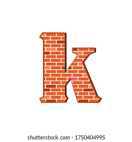 Letter k from red brick wall texture on a white background.