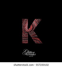 Letter K of red and silver glitters. Typographic vector element for design. Part of curly textured alphabet with shiny paillettes. Letter K with diffusion glitter swirly pattern. Vector illustration