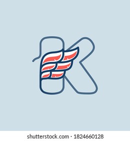 Letter K with red wing inside. Template for sport logo, champion label, hockey emblem, tattoo sign, heraldic stamp. Vector illustration.