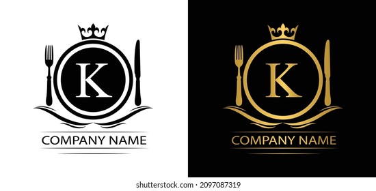 letra K logotipo de restaurante plantilla lujoso vectores de comida real compañía emblema decorativo con corona