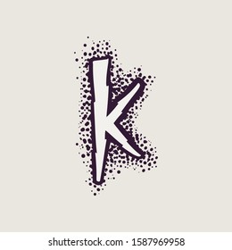 Letter K rune logo on the dots background. Nordic occult symbol for identity, package, book, diploma, etc.