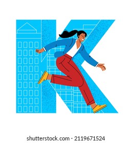 Letter K. Rush time, be in a hurry. English alphabet with people characters. Flat design retro letters and numbers.