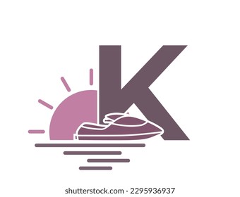 letter k with sea, sun and jet ski. creative vacation alphabet logotype. summer and exotic tourism design. isolated vector image