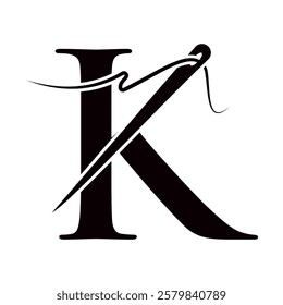 Letter K Sewing Needle Logo Design for Embroider, Textile, Fashion, Cloth, Fabric Symbol