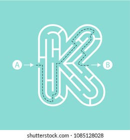 Letter K shape Maze Labyrinth, maze with one way to entrance and one way to exit. Flat design, vector illustration.