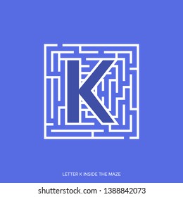 Letter K shape Maze Labyrinth, maze with one way to entrance and one way to exit. Flat design, vector illustration.