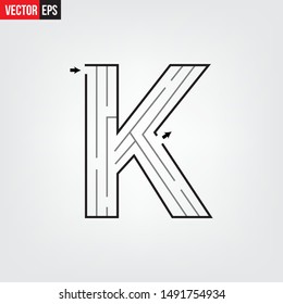 Letter K shape Maze Labyrinth, maze with one way to entrance and one way to exit. Flat design, vector illustration.