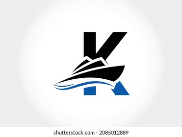 Letter K with the ship, cruise, or boat logo design template, icon sign symbol ocean waves vector illustration.