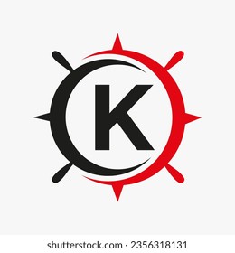 Letter K Ship Logo Concept With Ship Wheel Sign Vector Template