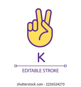 Letter K sign in ASL pixel perfect RGB color icon. Nonverbal communication. Patients with deafness care. Isolated vector illustration. Simple filled line drawing. Editable stroke. Arial font used