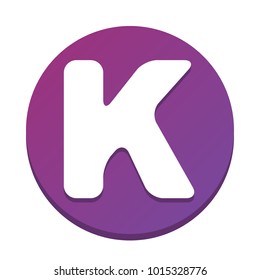 Letter K sign design template element. Vector. White icon with flat shadow on purpureus circle at white background. Isolated.