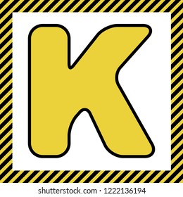 Letter K sign design template element. Vector. Warm yellow icon with black contour in frame named as under construction at white background. Isolated.