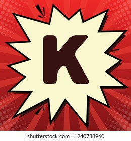 Letter K sign design template element. Vector. Dark red icon in lemon chiffon shutter bubble at red popart background with rays.