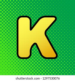 Letter K sign design template element. Vector. Pop art orange to yellow dots-gradient icon with black contour at greenish background.