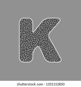 Letter K sign design template element. Vector. Black maze filled icon with white border at gray background.