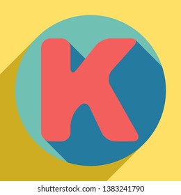 Letter K sign design template element. Sunset orange icon with llapis lazuli shadow inside medium aquamarine circle with different goldenrod shadow at royal yellow background.
