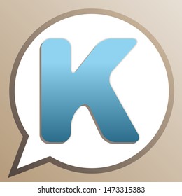 Letter K sign design template element. Bright cerulean icon in white speech balloon at pale taupe background. Illustration.