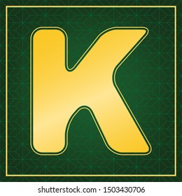 Letter K sign design template element. Golden icon with gold contour at dark green gridded background. Illustration.
