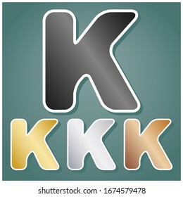 Elemento de plantilla de diseño de signo K de letra. Conjunto de íconos metálicos con gradiente gris, dorado, plata y bronce con contorno blanco y sombra en fondo viridán. Ilustración.