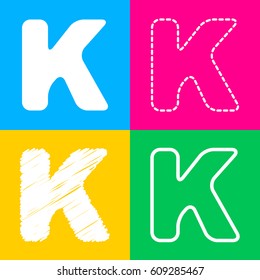 Letter K sign design template element. Four styles of icon on four color squares.