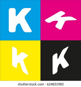 Letter K sign design template element. Vector. White icon with isometric projections on cyan, magenta, yellow and black backgrounds.
