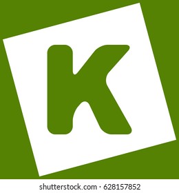Letter K sign design template element. Vector. White icon obtained as a result of subtraction rotated square and path. Avocado background.